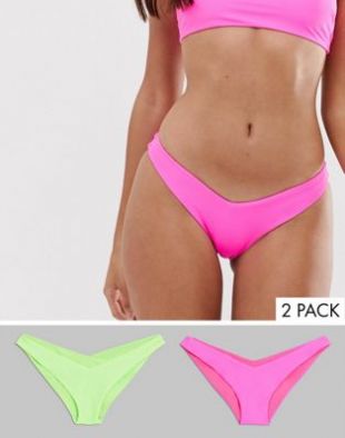 Lot de bikinis avec bas taille basse échancrés en V   Vert fluo et rose fluo