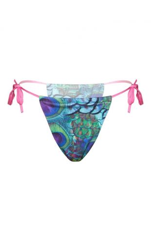 Bas de bikini multicolore imprimé paon à nouer sur le côté