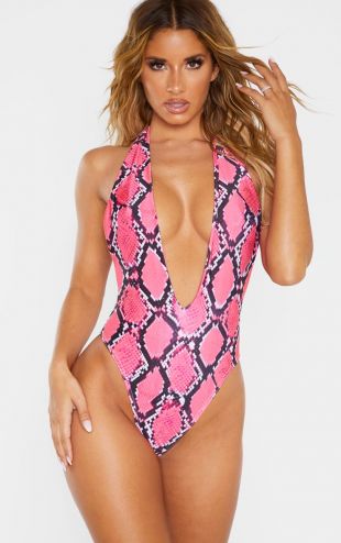 Maillot de bain une pièce dos nu à imprimé serpent rose