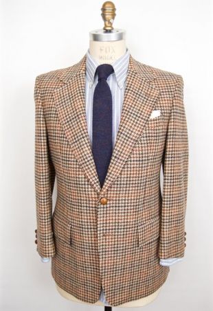 1960s 70s Houndstooth Tweed Sport Coat w/ boutons en cuir / tan check modèle laine veste costume / kaki vert orange plaid / hommes's small 40S