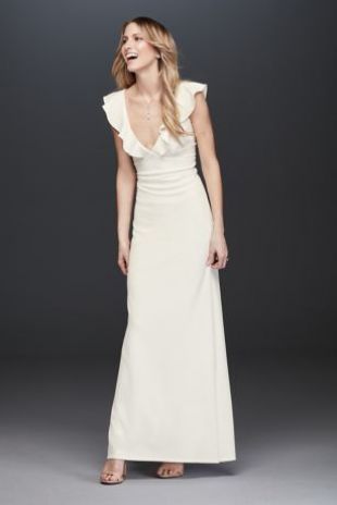 Plunging V Neck Ruffle Strap Low Back Crepe Gown | David's Bridal