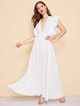 Plunging Neck Ruffle Sleeve Prom Dress