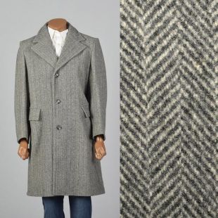Milieu des années 1970 pour homme laine Tweed manteau Convertible poches larges revers gris à chevrons 70 s Vintage manteau