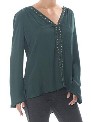 Vince Camuto Womens Long Sleeve Rumple Stud Trim Blouse Hunter LG