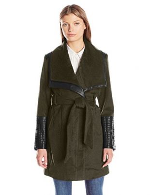 Belle Badgley Mischka Women's Lorian Belted Wool Coat with Faux Leather Jacket Details, Bonsai, XS