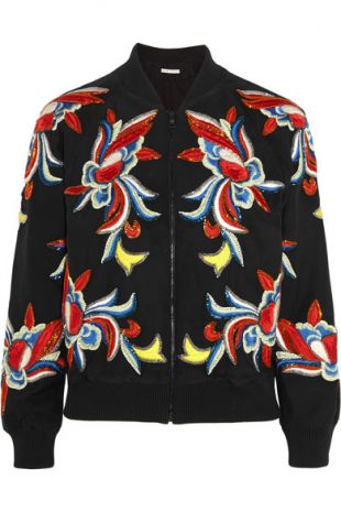 Felisa Embellished Embroidered Silk Bomber Jacket