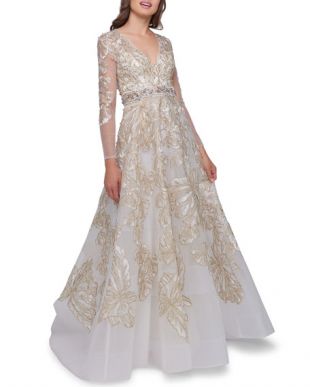 Embellished V Neck Illusion Long Sleeve Gown