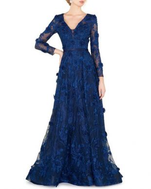 Long Sleeve Floral Embroidered Gown