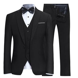 YFFUSHI Men's Slim Fit 3 Piece Suit One Button Blazer Tux Vest & Trousers, Black, Medium