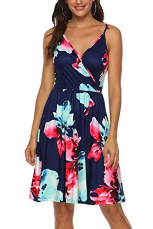 Kranda Women V-Neck Sleeveless Spaghetti Strap Dress Flare Midi Dress Navy S