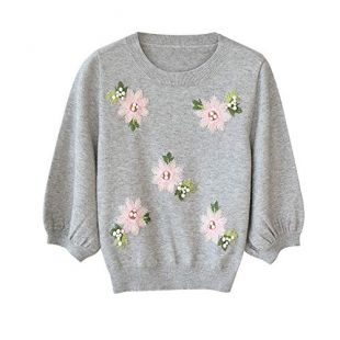 Dabuwawa Women Grey Floral Embroidery Knit Sweaters Beading Elegant Pullover Top