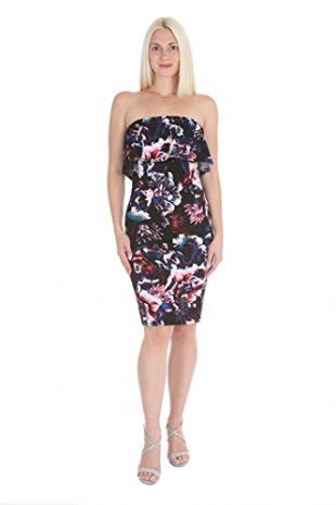 bebe Women's Floral Printed Strapless Crepe Dress with Popover, Lavender Multi, 6