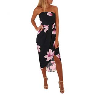 FAPIZI Women Vintage Printed Sleeveless Backless Summer Casual Strapless Sundress Beach Side Slit Dress Black