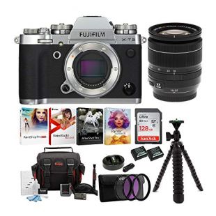 Fujifilm X-T3 Mirrorless Digital Camera with XF18-55 Lens (Silver) Accessory Bundle with Sandisk 128GB SD Card, 2 NP-W126 Batteries and Dual Charger (7 Items)
