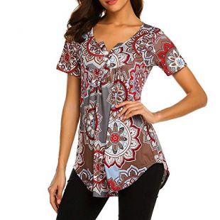 HYIRI Women'ss Simple O Neck Floral Tops Ladies Casual Flare Tunic Blouse Shirt