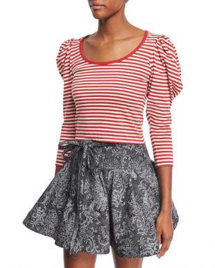 Puff-Sleeve U-Neck Striped Top