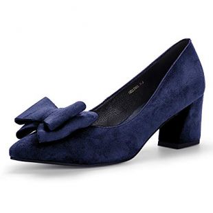 IDIFU Women's IN2 Linda Low Chunky Heels Pumps Pointed Toe Slip on Bow Dress Party Shoes (Blue Suede, 9.5 M US)