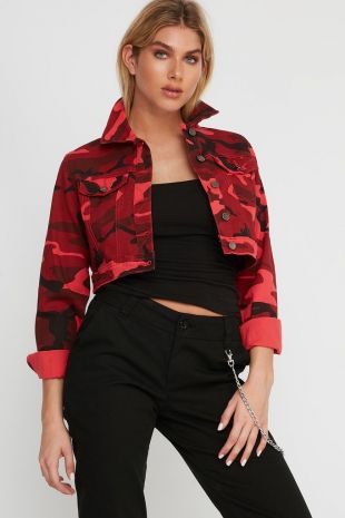 Camo red denim worn by Lucy Tang (Mika 