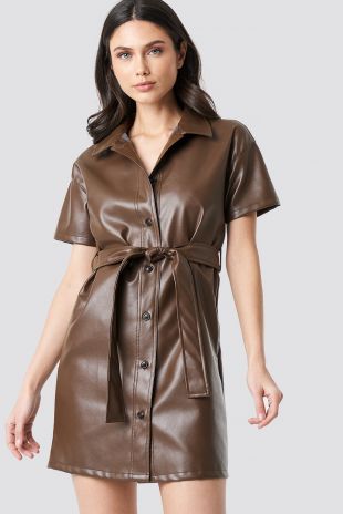 PU Belted Shirt Dress Marron