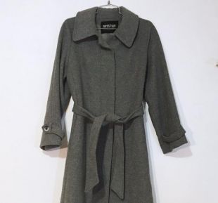 Gris laine long peacoat-vintage des années 1980 Fleurette designer laine épaisse Trenchcoat, taille des femmes 14-super chaud, satin doublé, très bon état
