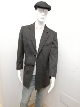 Manteau Patermo Man en laine pure, couleur rayée gris foncé, manteau artisanal de haute qualité