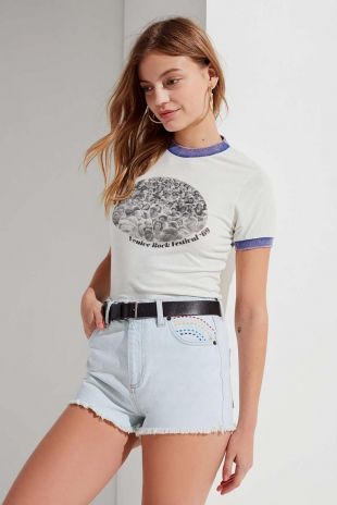 Rainbow Embroidered Denim Short Light Blue