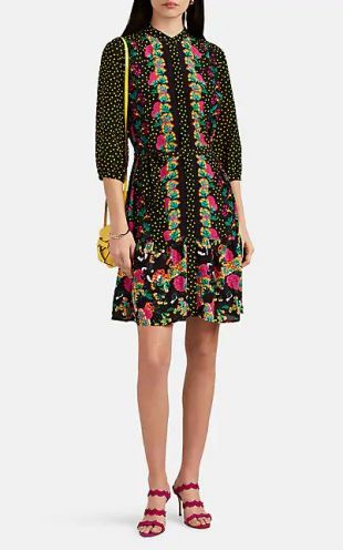Tyra Dot- & Floral-Pattern Silk Dress
