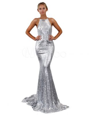 Robe Longue Sexy Argent en Paillettes Paillettes Dos Nu