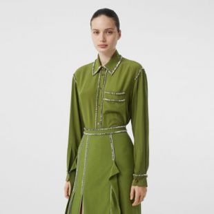 Embellished Silk Oversized Shirt in Cedar Green