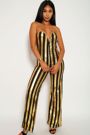 Sexy Gold Black Metallic Striped Jumpsuit