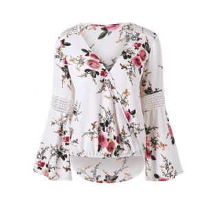 V Neck Floral Printed Flare Sleeve Blouse