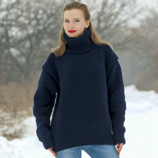 Hand Knitted Dark Blue Wool Sweater
