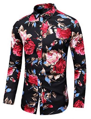 Men's Slim fit Printed Long-Sleeve Button-Down Dress Floral Shirt (XX-Large Chest: 52.8 inch, Black red)