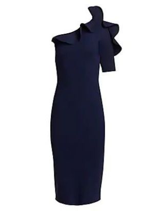 Navy Blue Aleece One-Shoulder Ruffle Sheath Dress