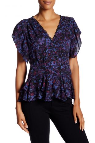 Purple Floral Printed Vneck Blouse