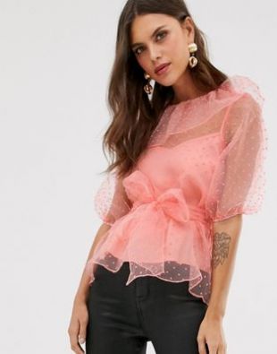 ASOS DESIGN - Top à manches 3/4 en organza transparent à plumetis avec ceinture | ASOS