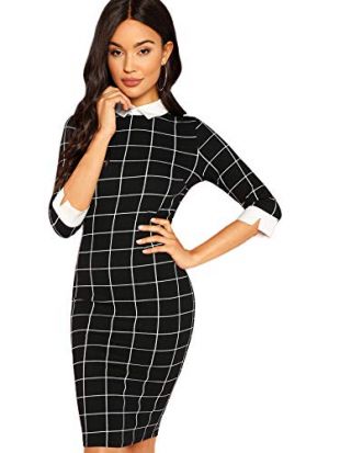 Floerns Women's Contrast Collar Wear to Work Business Bodycon Plaid Midi Dress Black M