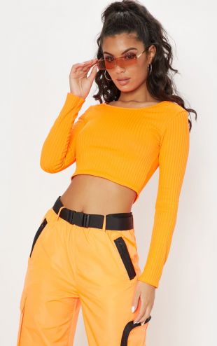 Crop top manches longues orange fluo à col rond