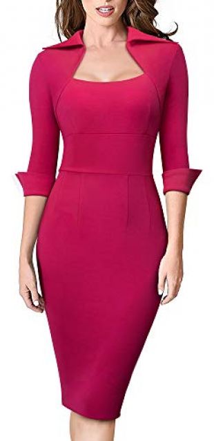 HOMEYEE Women's Lapel Square Neck 3/4 Sleeve Business Professional Dress B471(8,Pink)