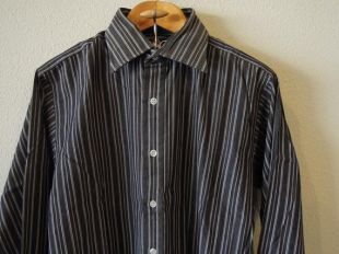 Vintage Charcoal White Cotton Woven Vertical Striped Pin Stripe Long Sleeve Button Down Oxford Shirt S M Mens Dress Shirt 90s Black Gray