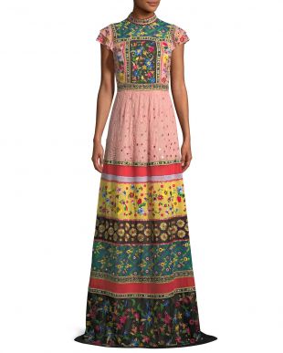 Arabella Mock-Neck Floral-Embroidered Evening Gown