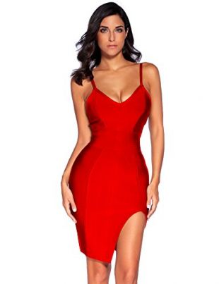 meilun Deep V Neck Strappy Splitting Club Party Bandage Dress Red M