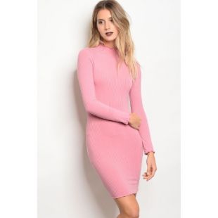 Rose Pink Long Sleeve Turtleneck Mini Dress