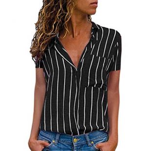 Lovor Women's Casual Striped Printing Summer Short Sleeve Shirt Versatile Blouse Button Down Tops with Pocket