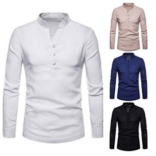 NRUTUP HOT Men's Long-Sleeve Solid Linen Popover Shirt Autumn Winter Linen Henry Large Size Casual Top Blouse Shirts.
