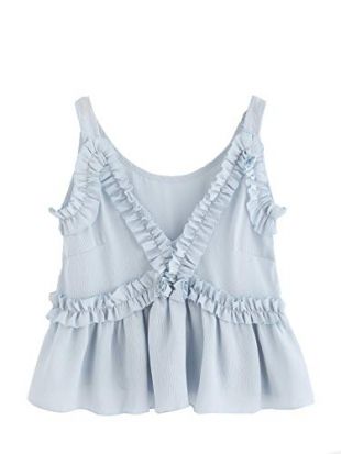 HUILAN Women's Sleeveless Flounce V-Neck Tank Top Chiffon Ruffle Hem Shirt Tops Light Blue S