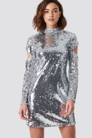 High Neck Cut Out Sleeve Sequin Dress Argent