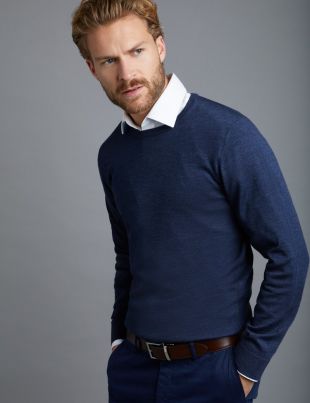 Men's Blue Crew Neck Merino Wool Sweater - Slim Fit