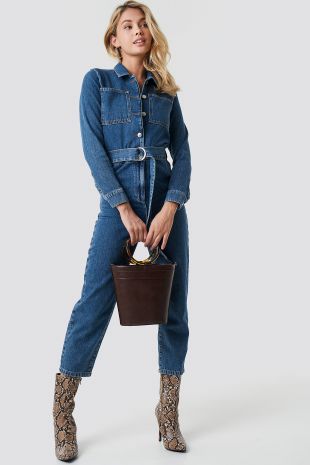 Waist Belt Denim Jumpsuit Bleu