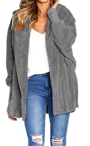 Jofemuho Women Fluffy Hooded Longline Plain Relaxed Fit Plus Size Faux Fur Cardigan Coat Outerwear